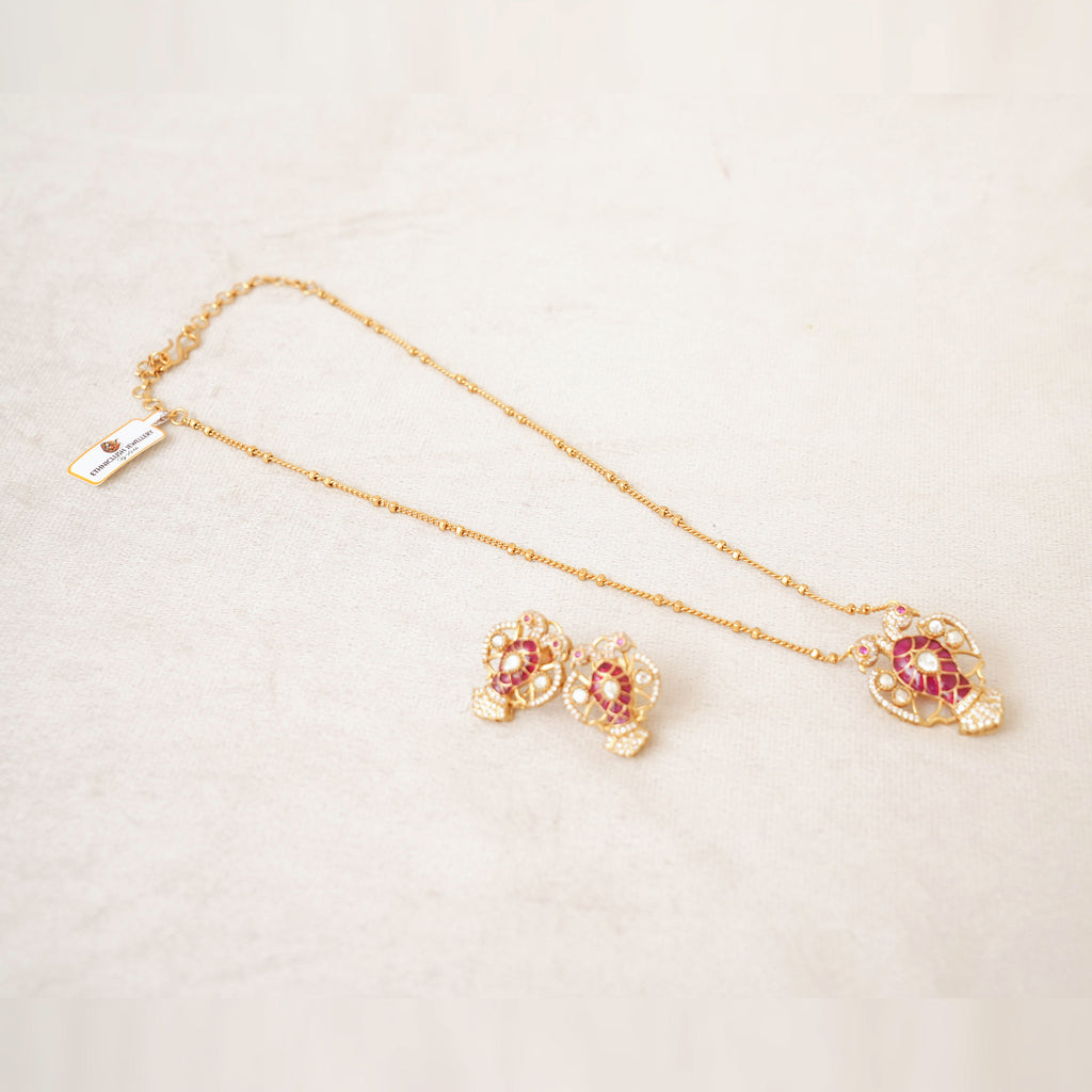 Ruby Kundan Floral Fan Pendant Necklace Set