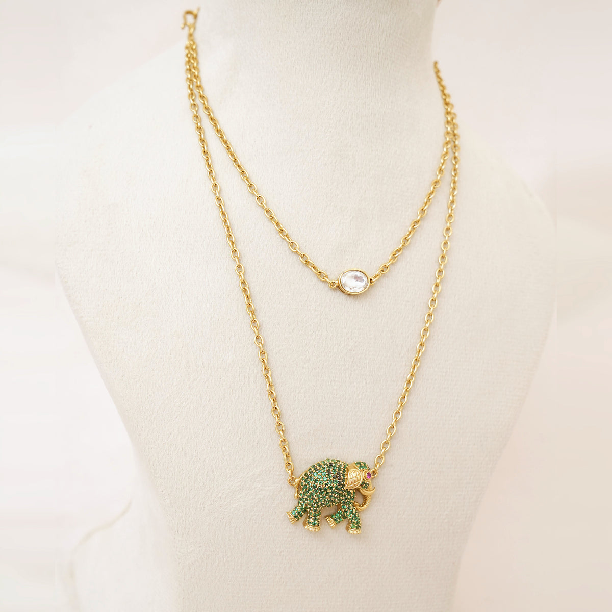 Green Elephant Pendant Layered Necklace Set