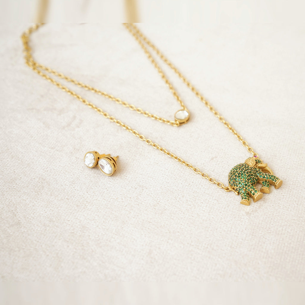 Green Elephant Pendant Layered Necklace Set