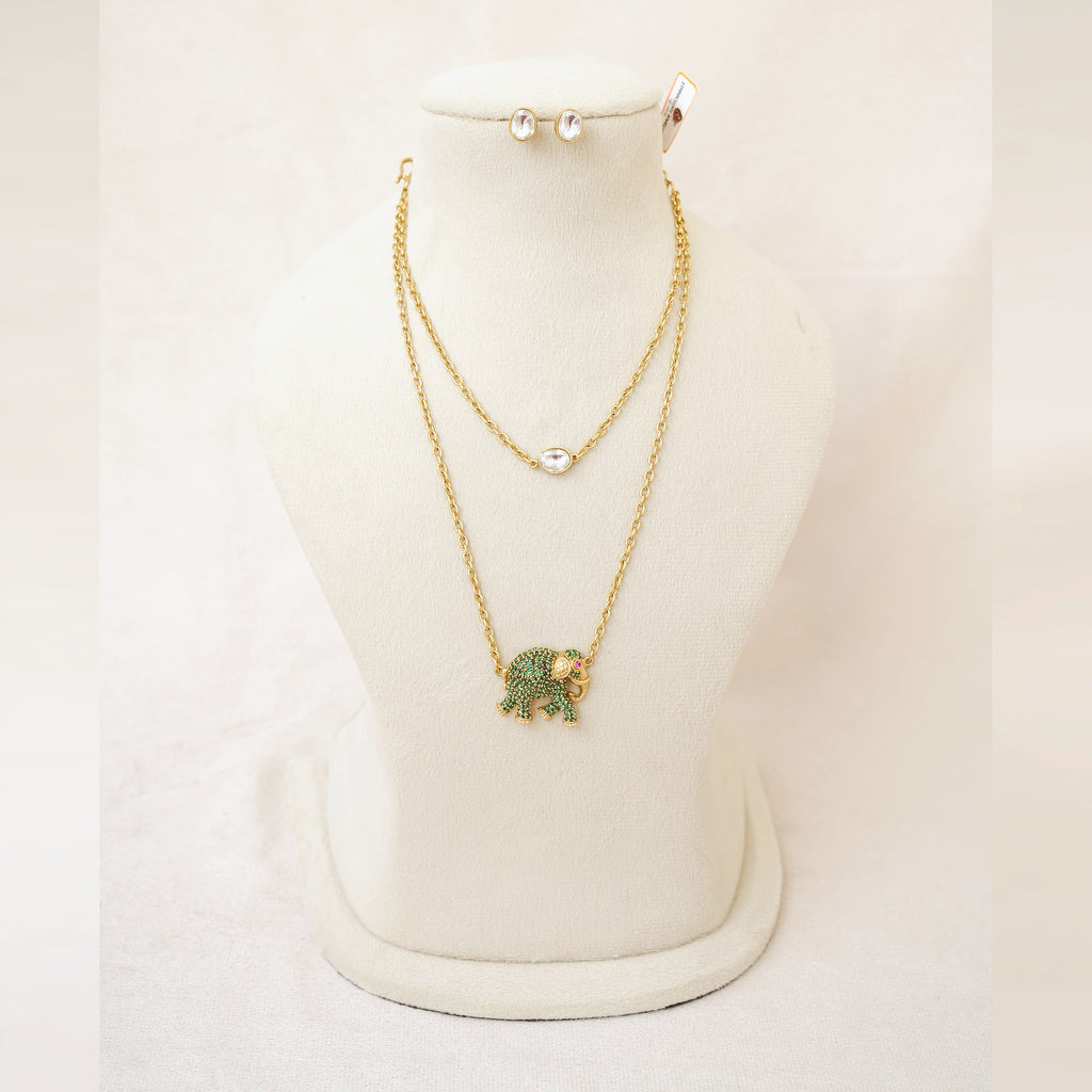 Green Elephant Pendant Layered Necklace Set