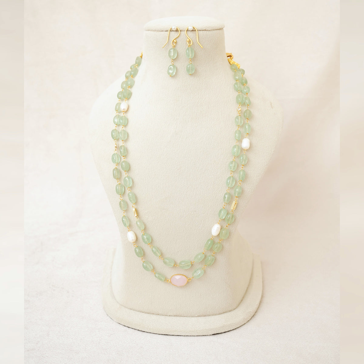 Mint Green Gemstone & Pearl Layered Necklace Set