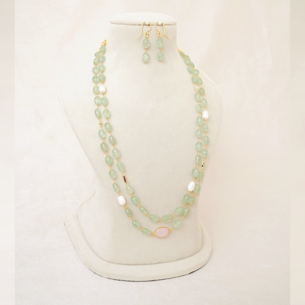 Mint Green Gemstone & Pearl Layered Necklace Set