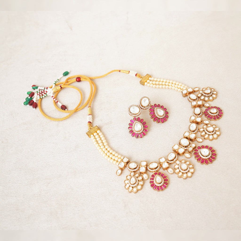 Pink Kundan Polki Pearl Necklace Set