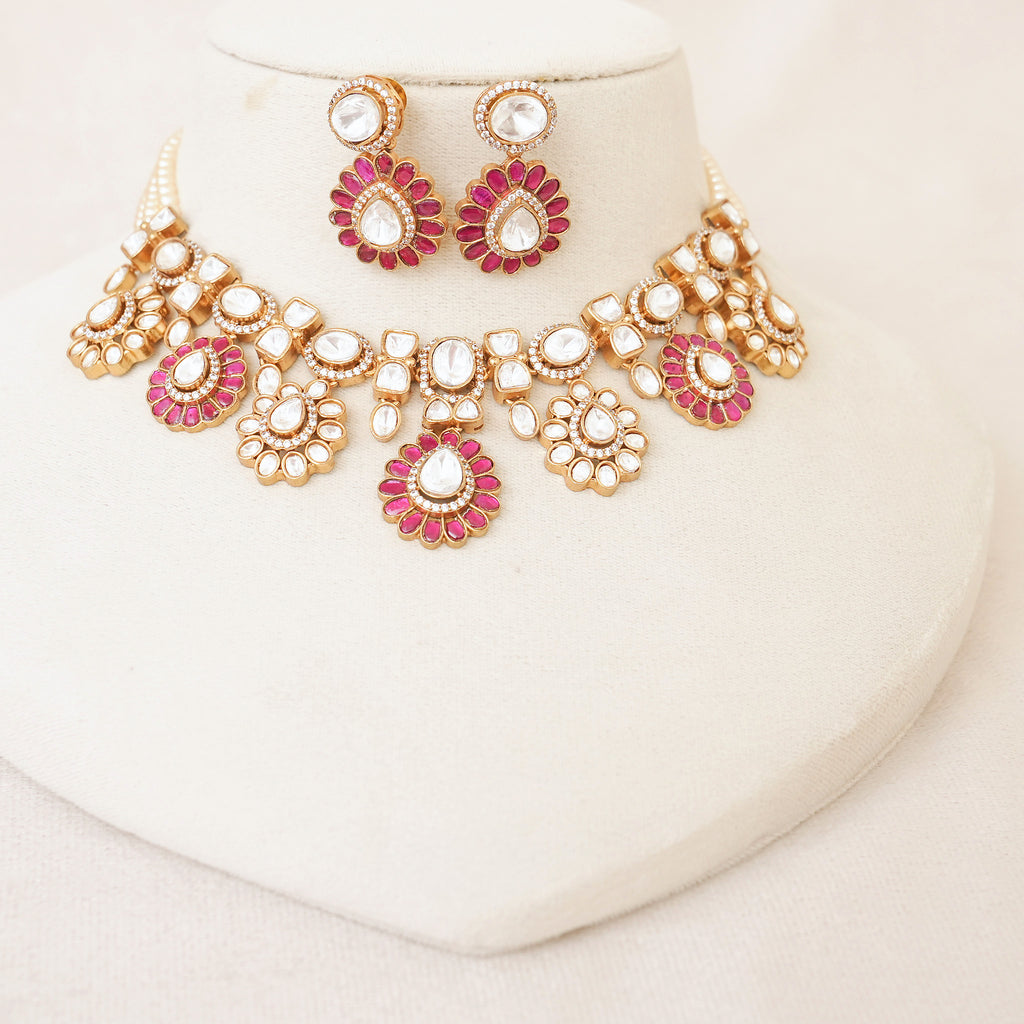 Pink Kundan Polki Pearl Necklace Set