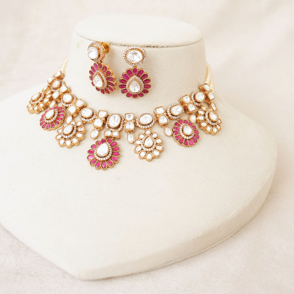 Pink Kundan Polki Pearl Necklace Set