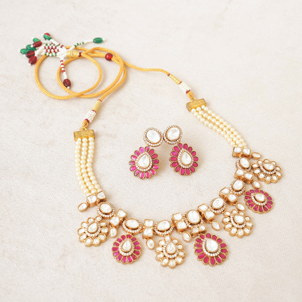 Pink Kundan Polki Pearl Necklace Set
