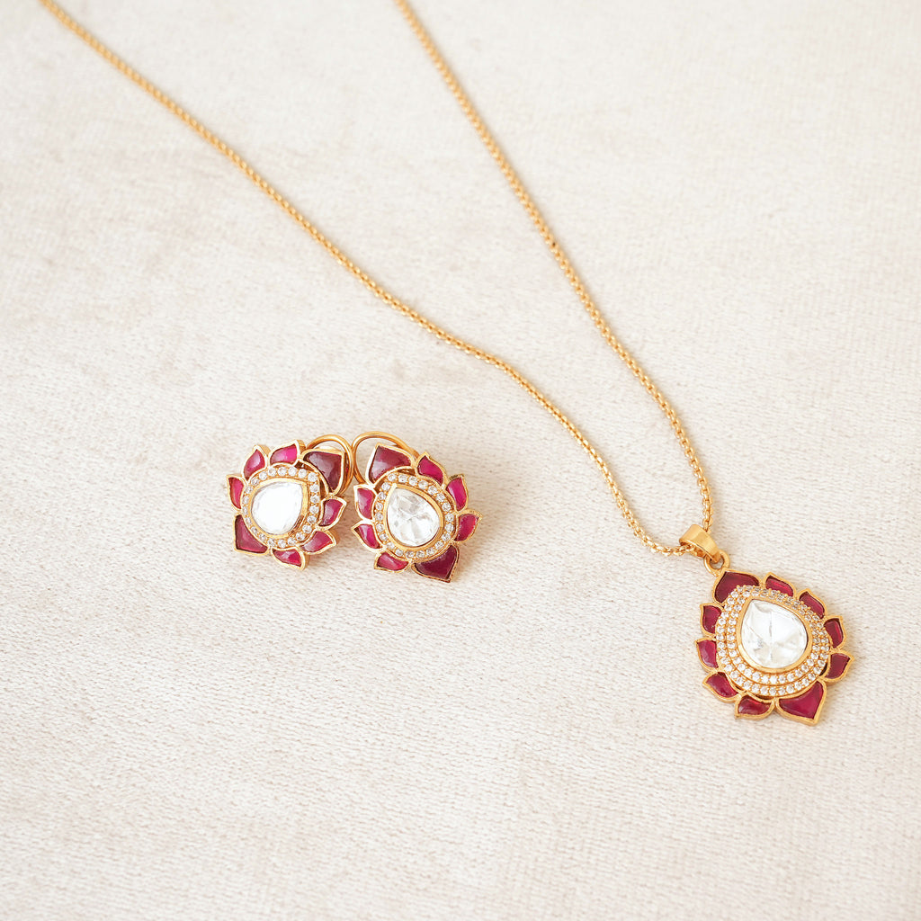 Ruby Kundan Lotus Polki Pendant Necklace Set