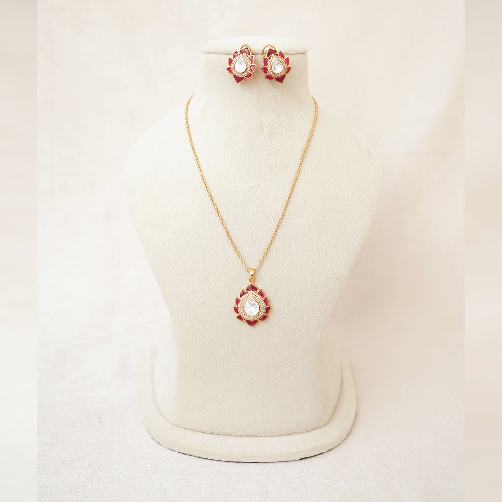 Ruby Kundan Lotus Polki Pendant Necklace Set