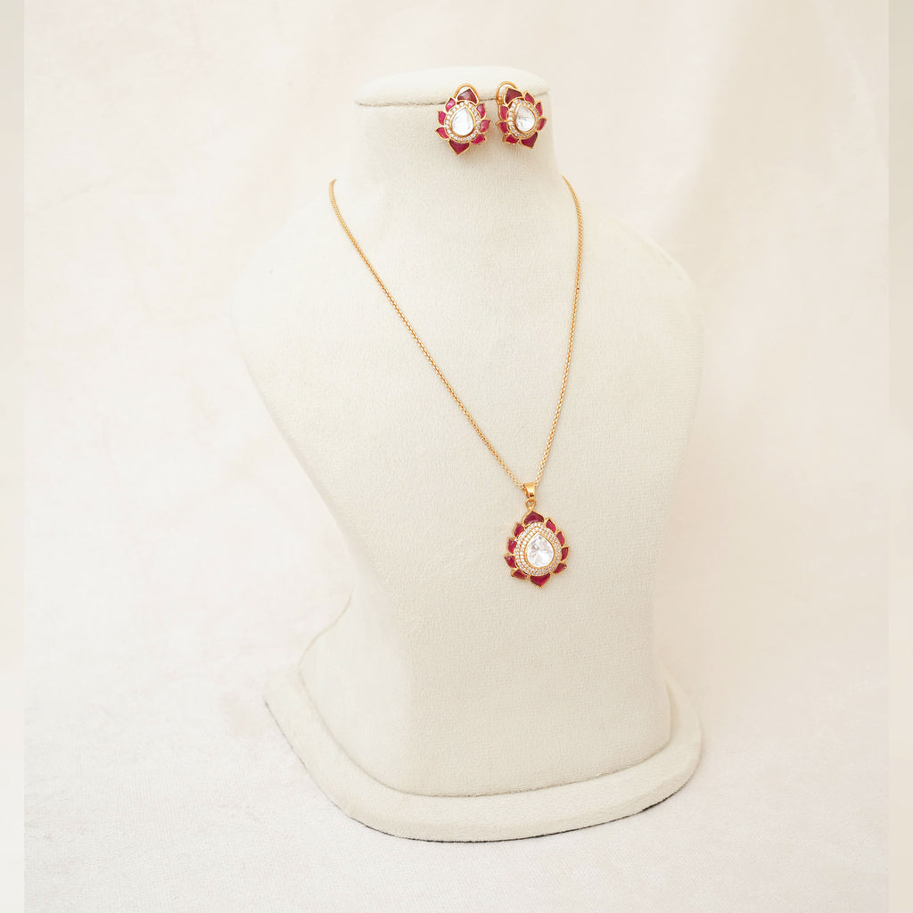 Ruby Kundan Lotus Polki Pendant Necklace Set