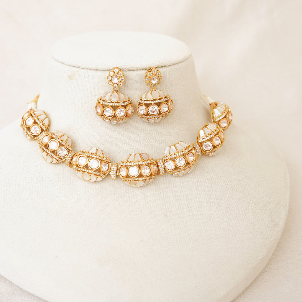 Mother of Pearl Kundan Dome Choker Set with Jhumkas