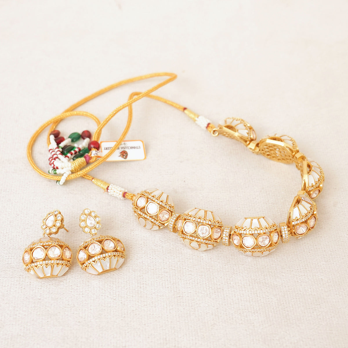 Mother of Pearl Kundan Dome Choker Set with Jhumkas