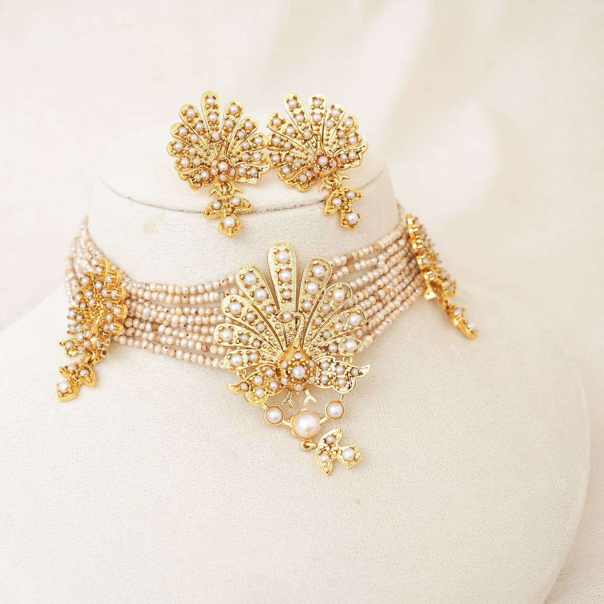 Pearl Multi-Strand Peacock Choker Set