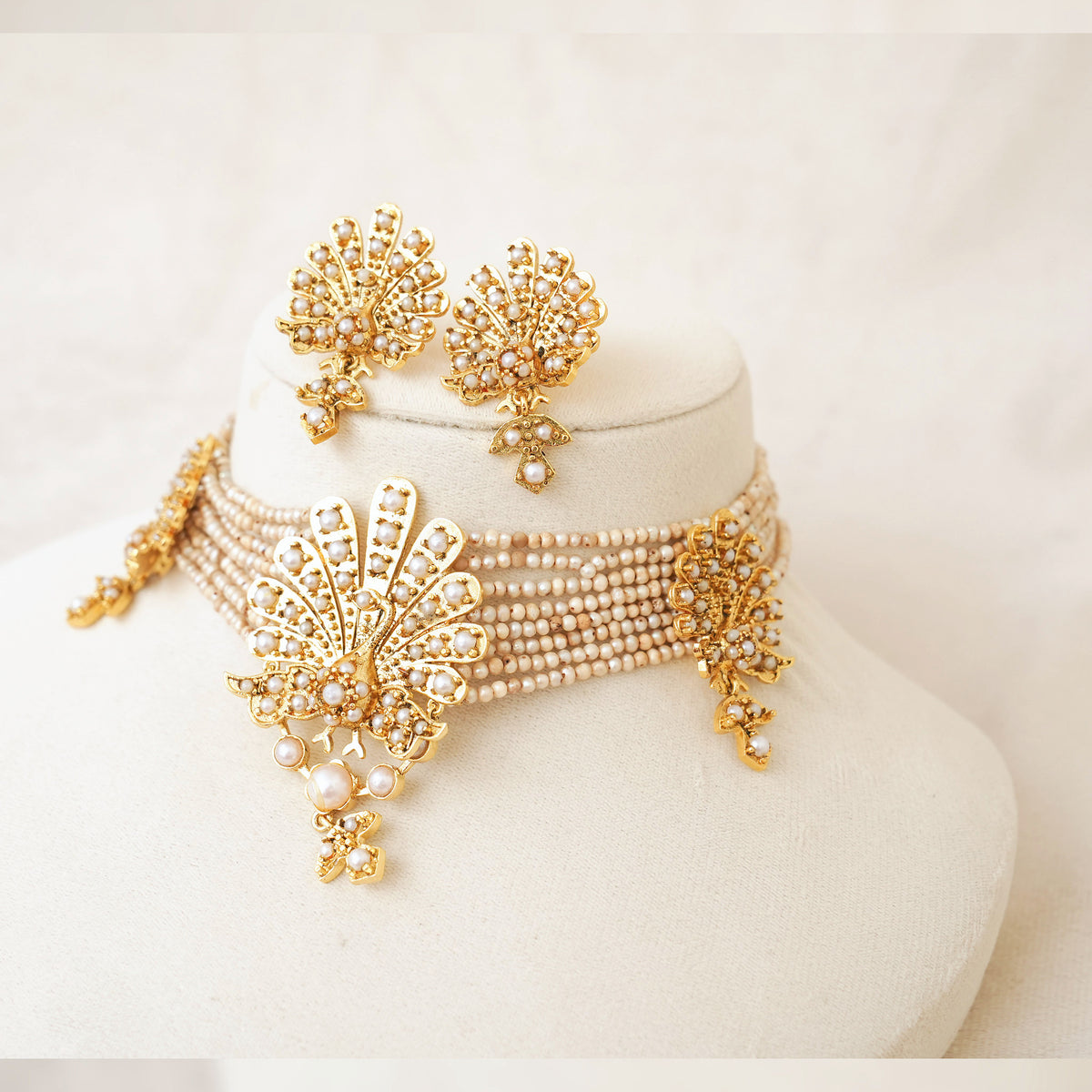 Pearl Multi-Strand Peacock Choker Set