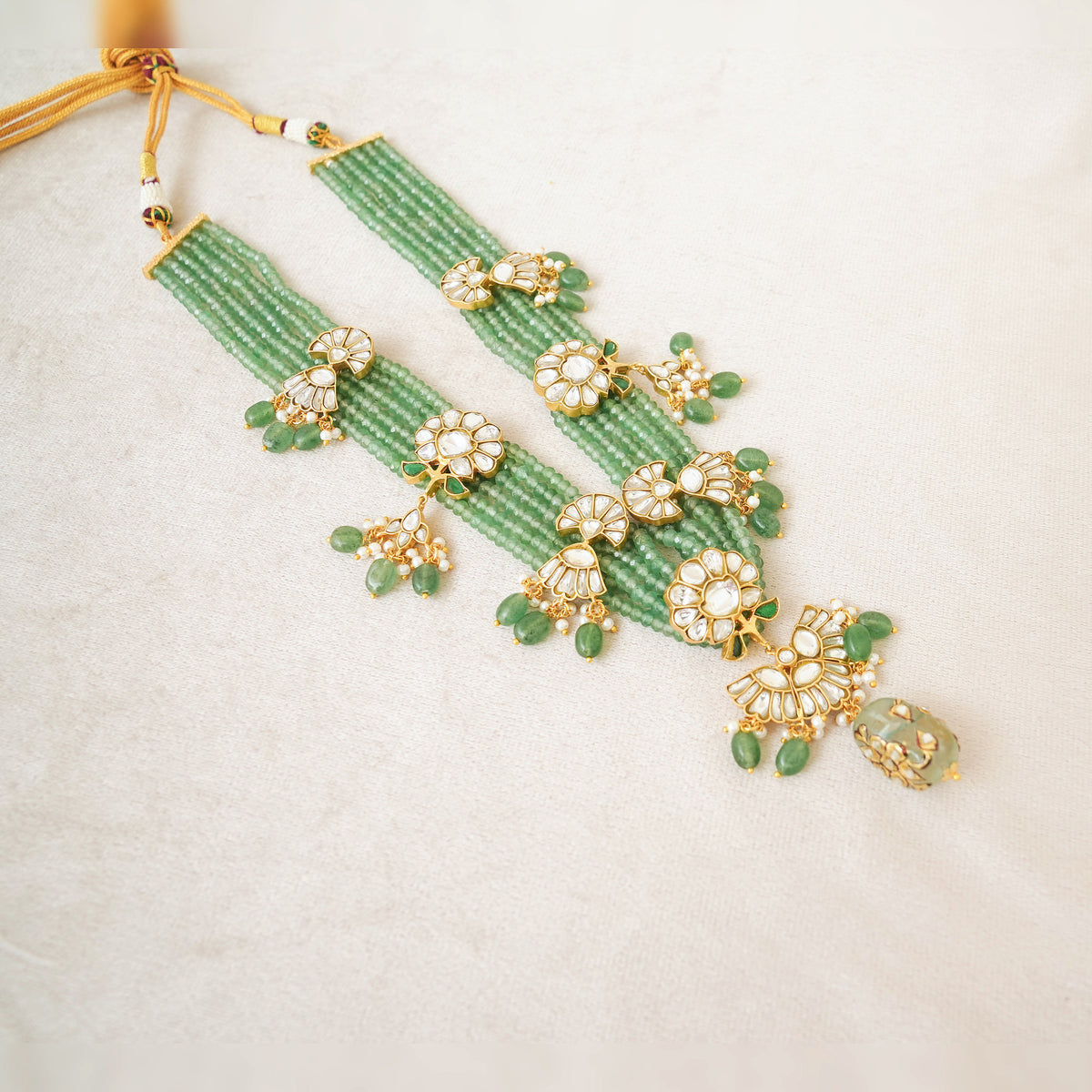 Green Bead Kundan Floral Rani Haar Set