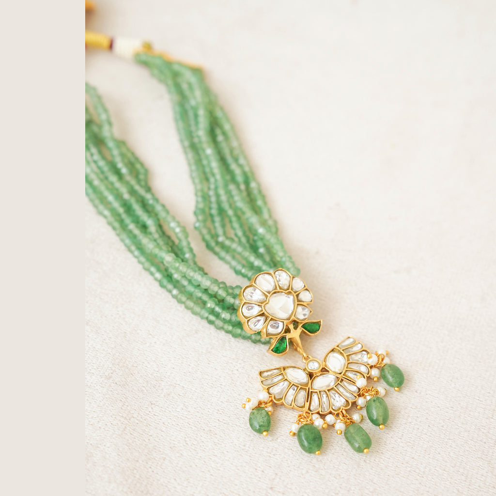 Green Bead Kundan Floral Rani Haar Set