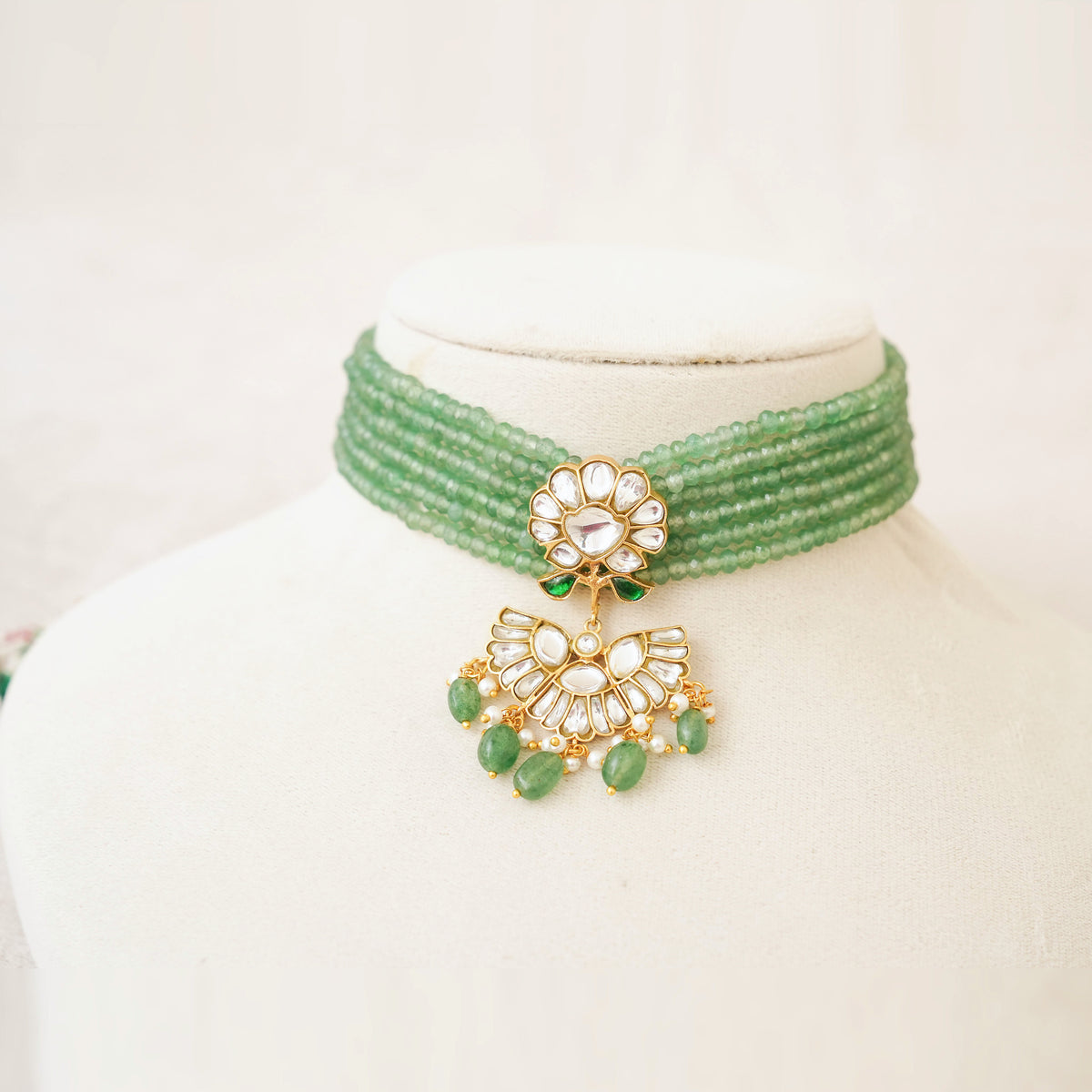Green Bead Kundan Floral Rani Haar Set