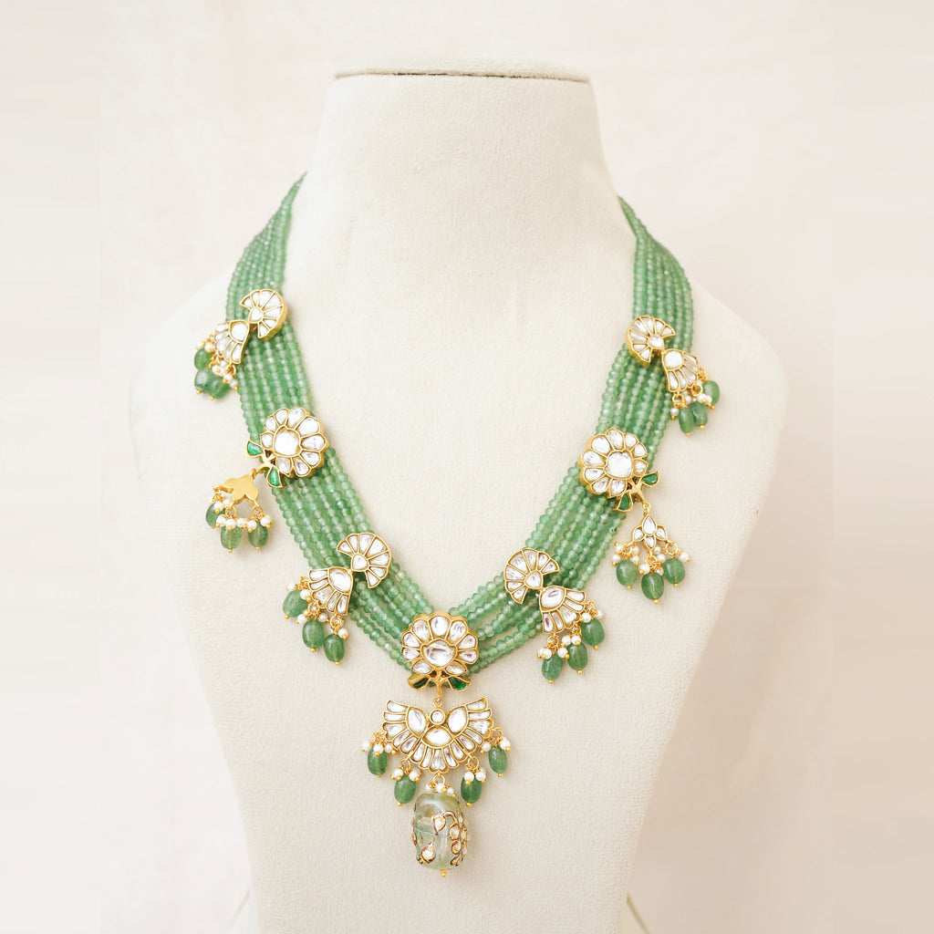 Green Bead Kundan Floral Rani Haar Set