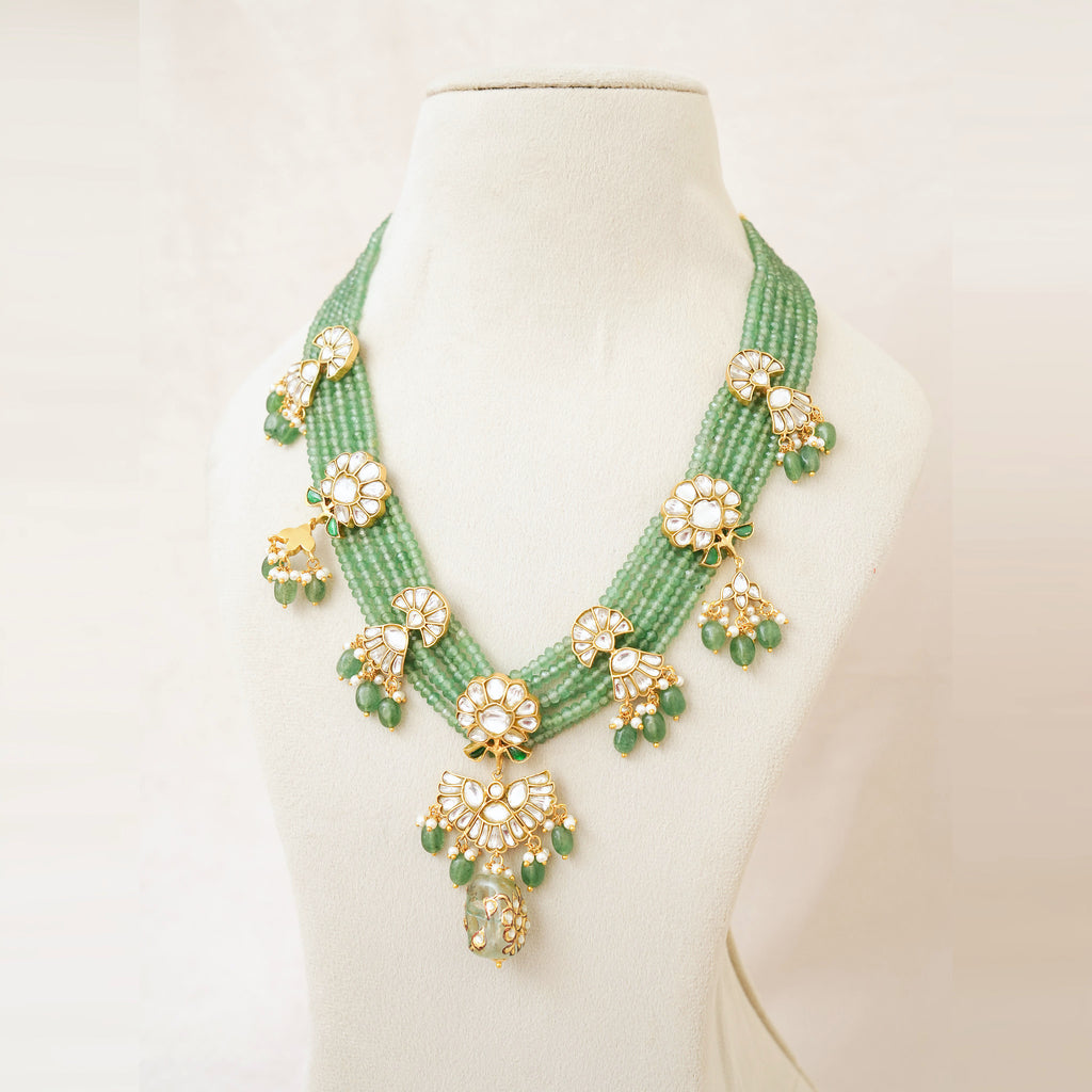 Green Bead Kundan Floral Rani Haar Set