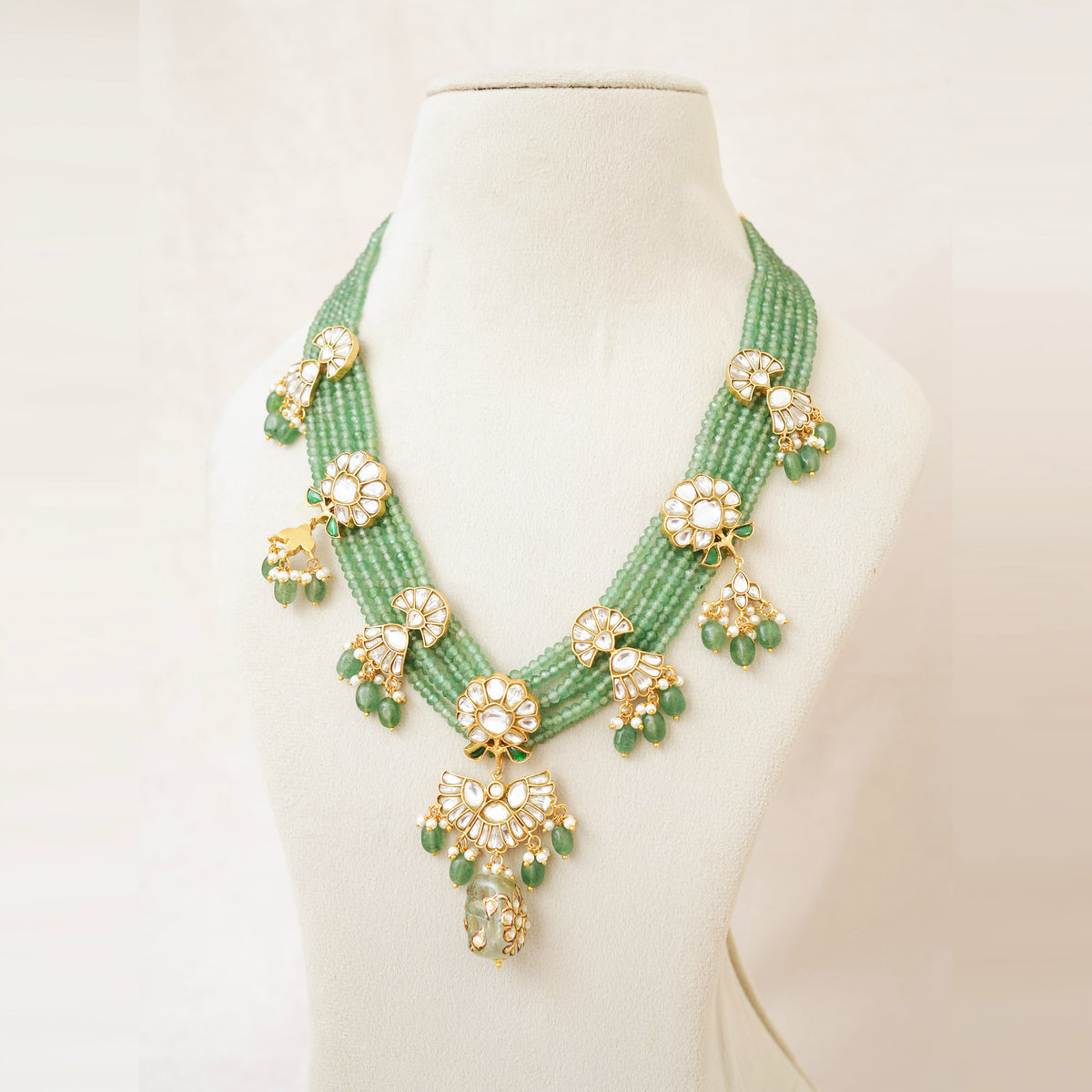 Green Bead Kundan Floral Rani Haar Set