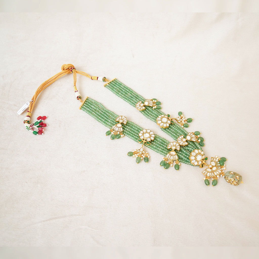 Green Bead Kundan Floral Rani Haar Set