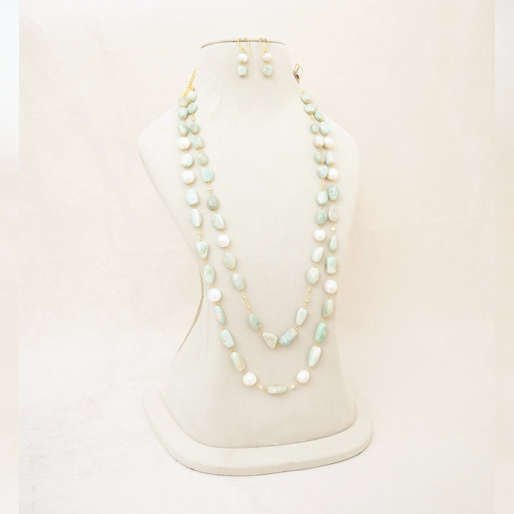 Amazonite & Pearl Long Layered Necklace Set