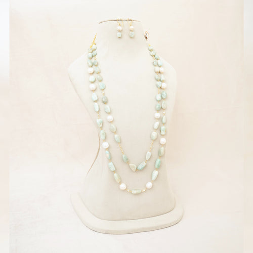 Amazonite & Pearl Long Layered Necklace Set