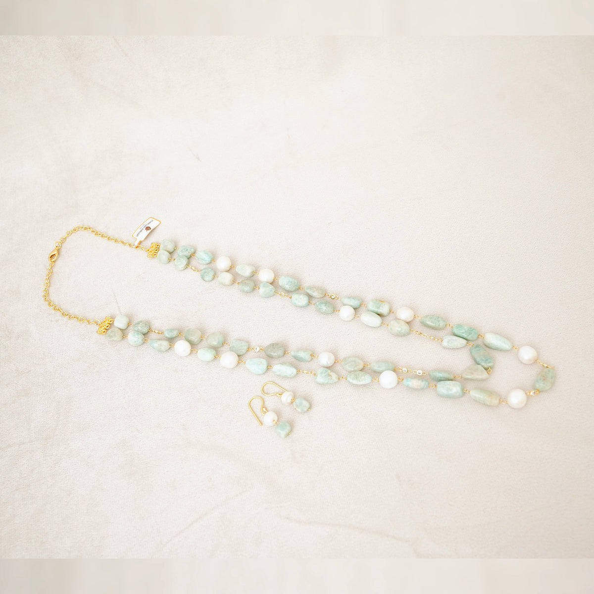 Amazonite & Pearl Long Layered Necklace Set