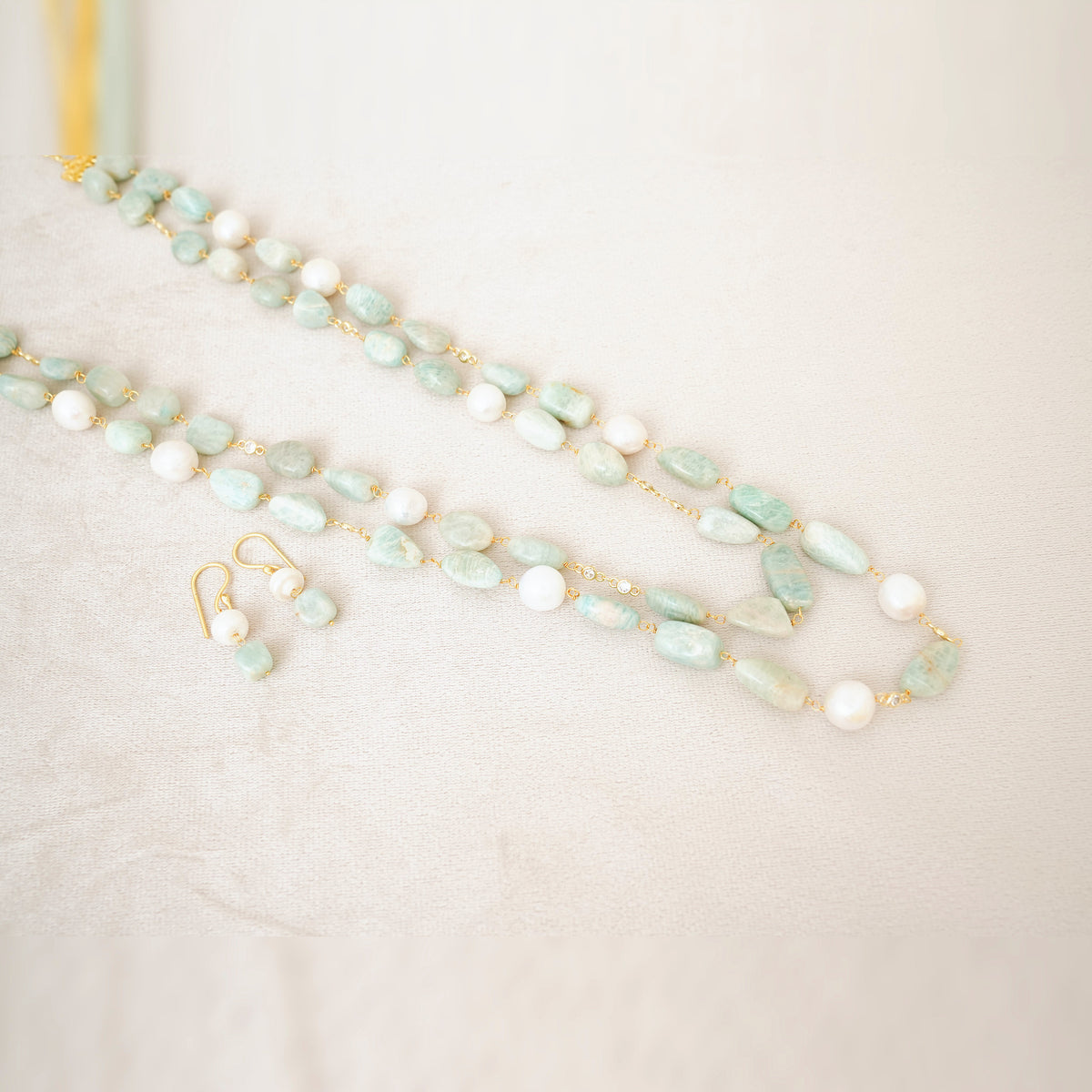 Amazonite & Pearl Long Layered Necklace Set