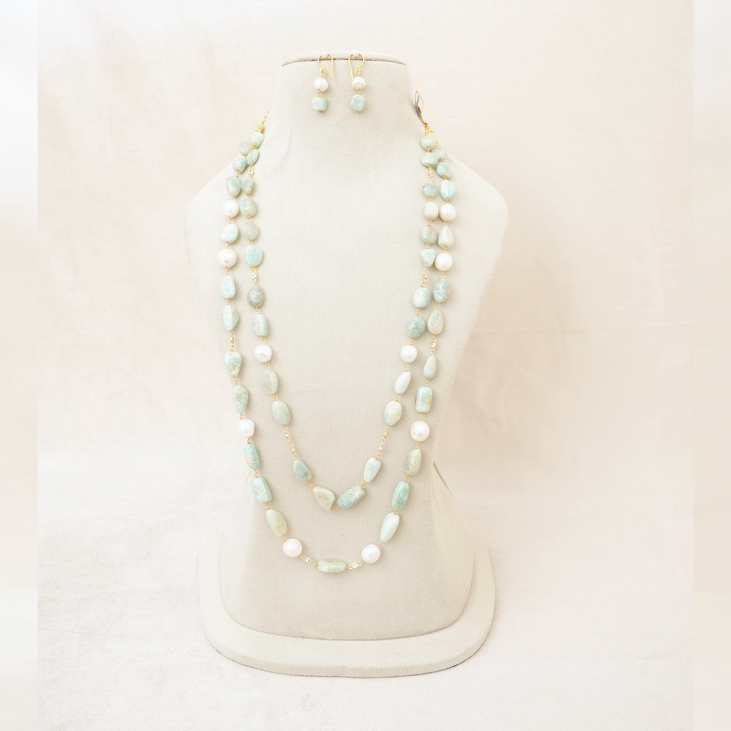 Amazonite & Pearl Long Layered Necklace Set