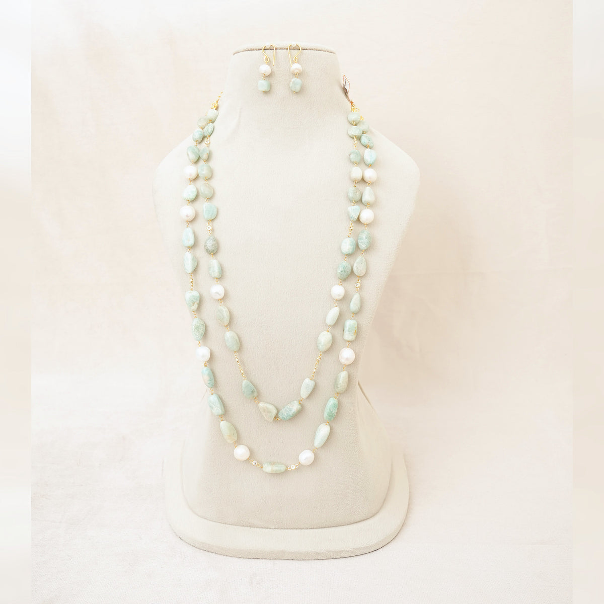 Amazonite & Pearl Long Layered Necklace Set