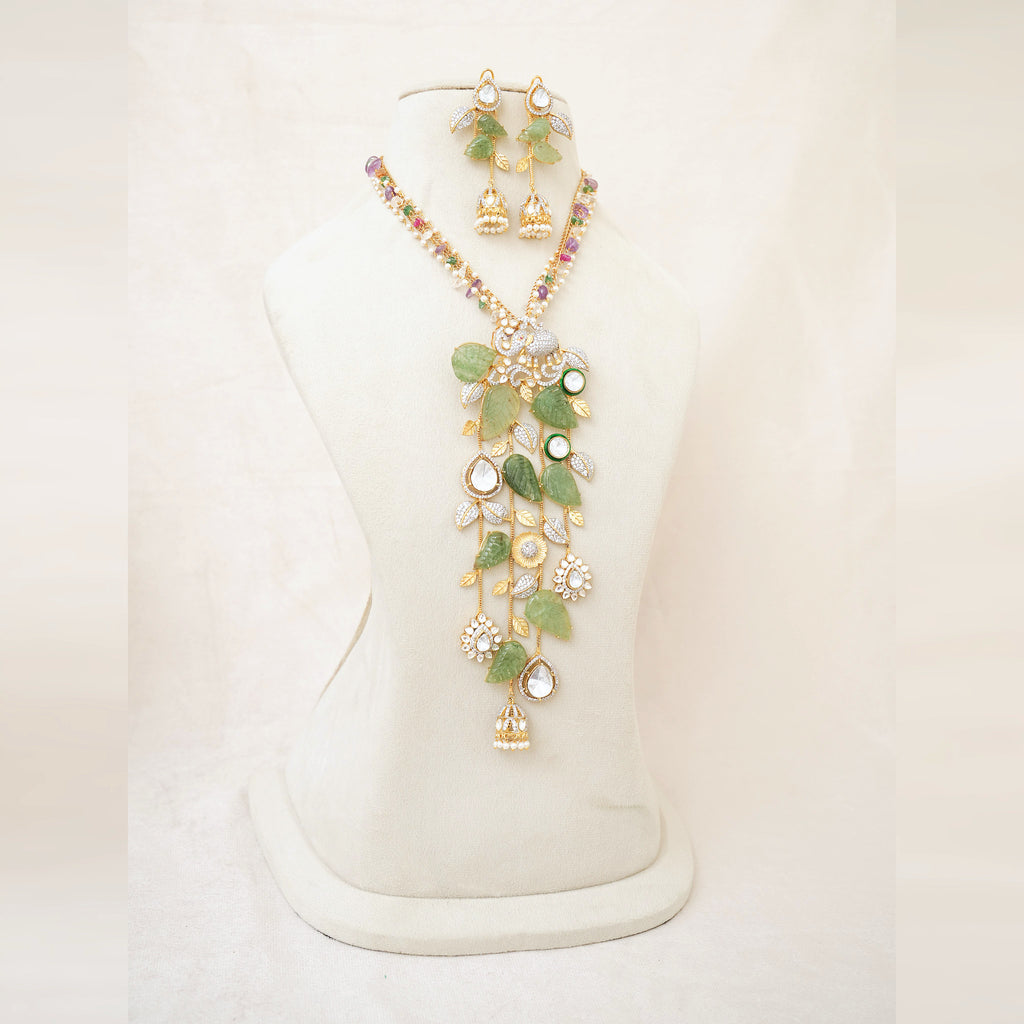 Carved Green Leaf Kundan Floral Necklace Set