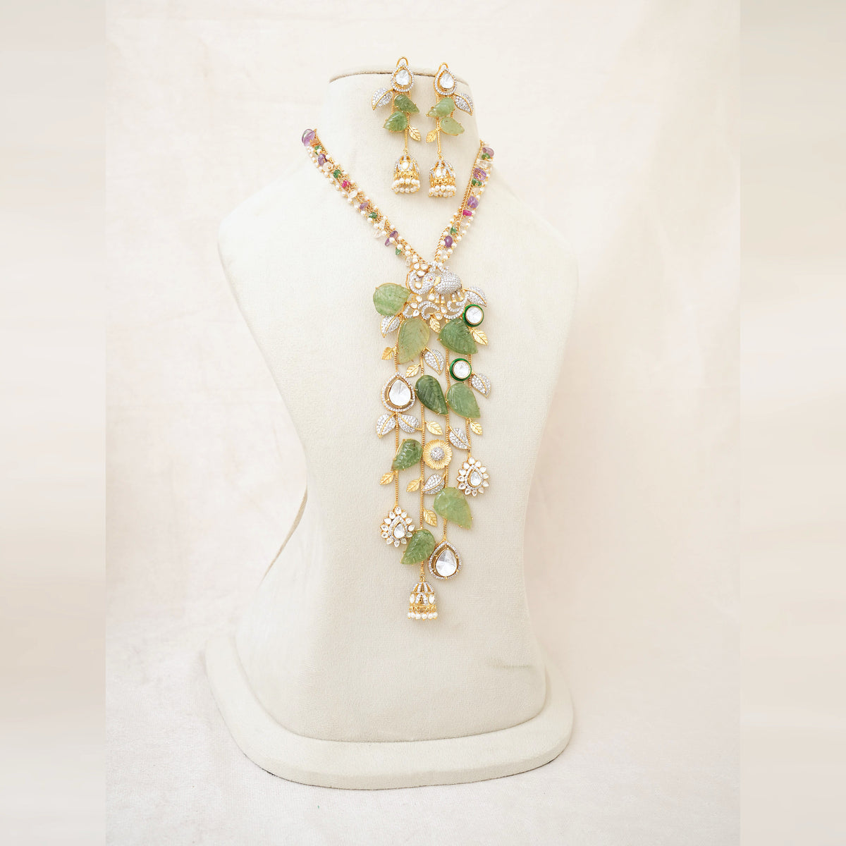 Carved Green Leaf Kundan Floral Necklace Set
