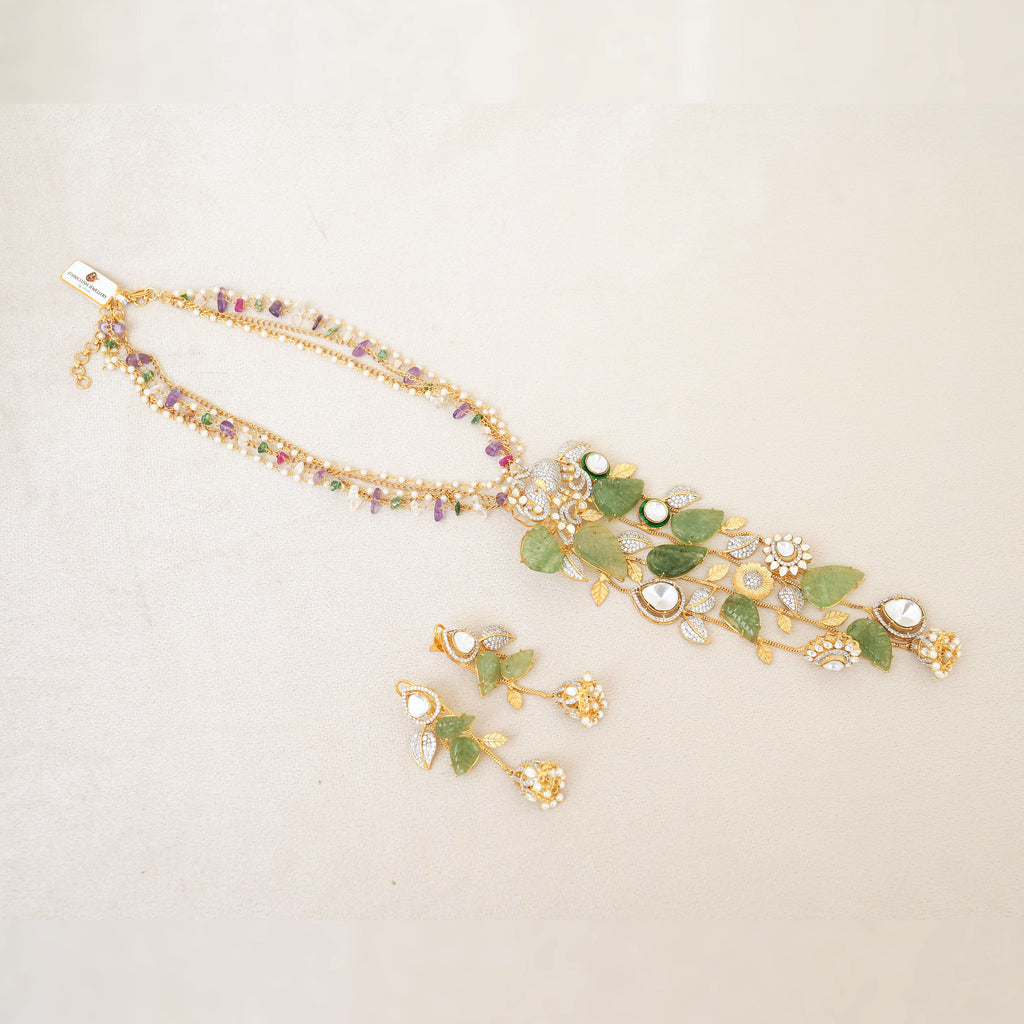 Carved Green Leaf Kundan Floral Necklace Set