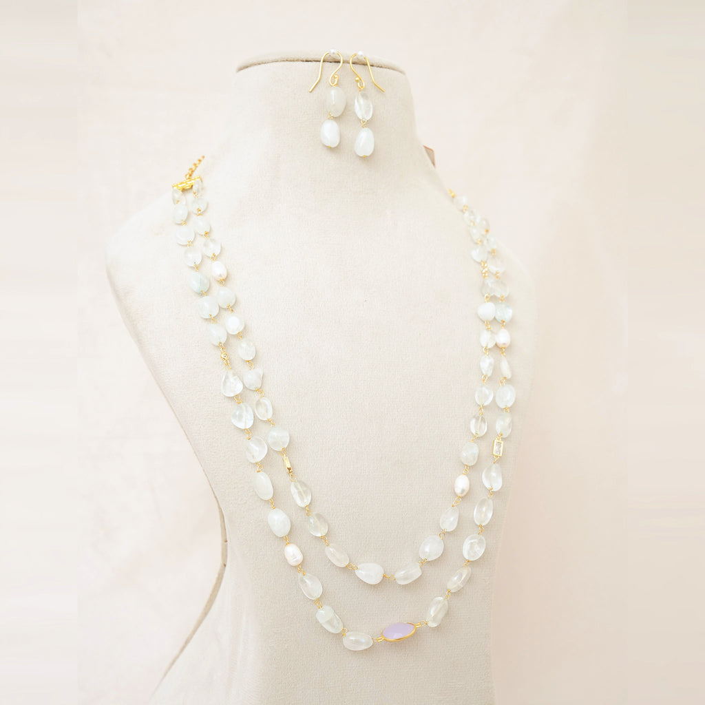 Moonstone & Pearl Long Layered Necklace Set