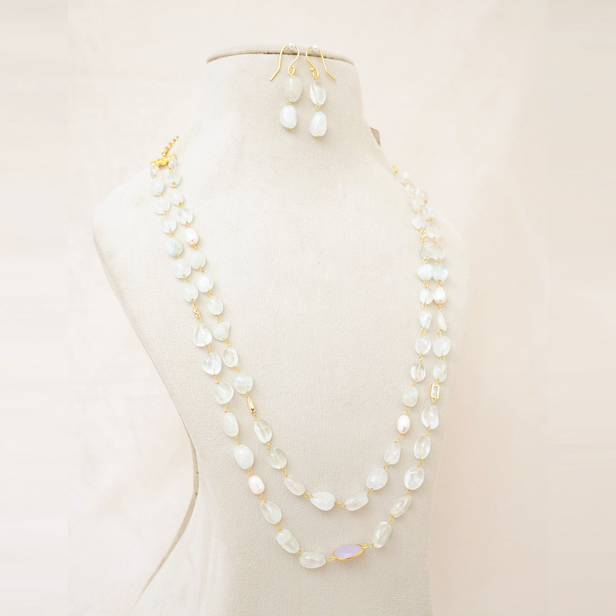Moonstone & Pearl Long Layered Necklace Set