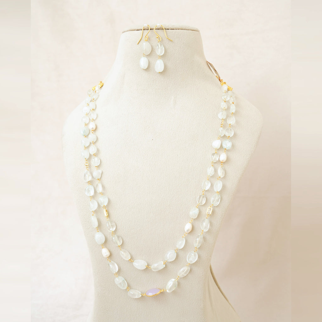 Moonstone & Pearl Long Layered Necklace Set