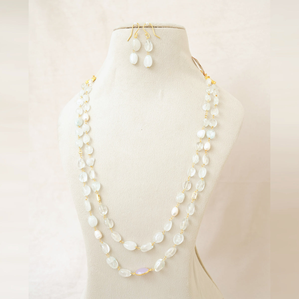 Moonstone & Pearl Long Layered Necklace Set