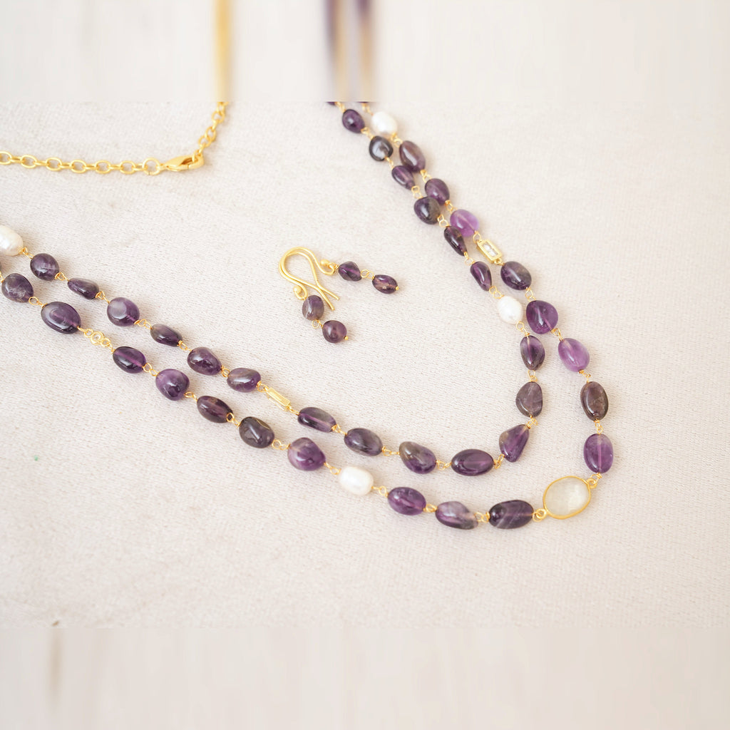 Amethyst & Pearl Long Layered Necklace Set