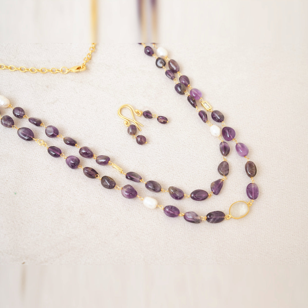 Amethyst & Pearl Long Layered Necklace Set