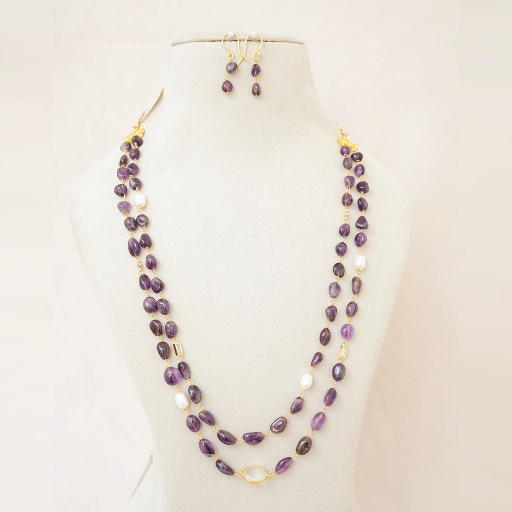 Amethyst & Pearl Long Layered Necklace Set