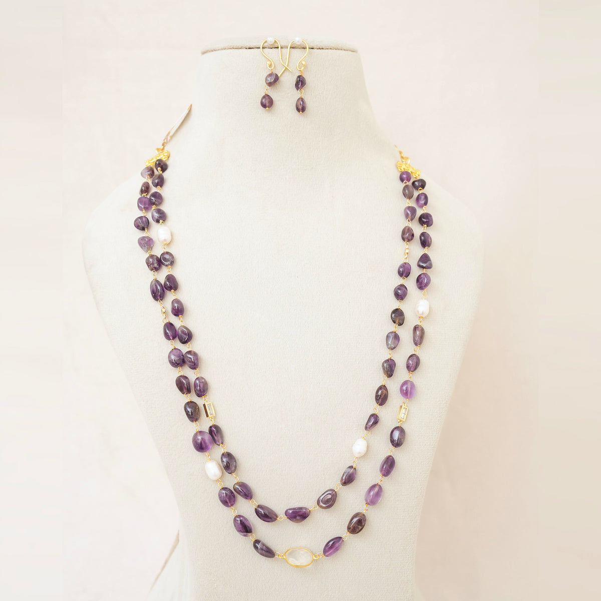 Amethyst & Pearl Long Layered Necklace Set