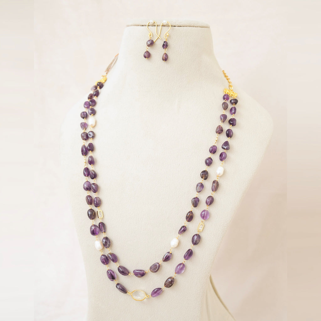 Amethyst & Pearl Long Layered Necklace Set