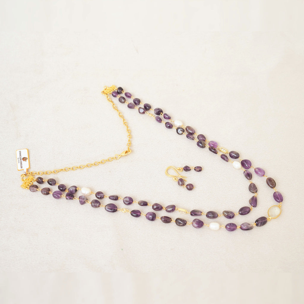 Amethyst & Pearl Long Layered Necklace Set
