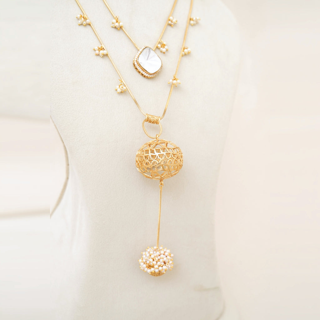 Kundan Layered Necklace Set with Filigree Ball Drop
