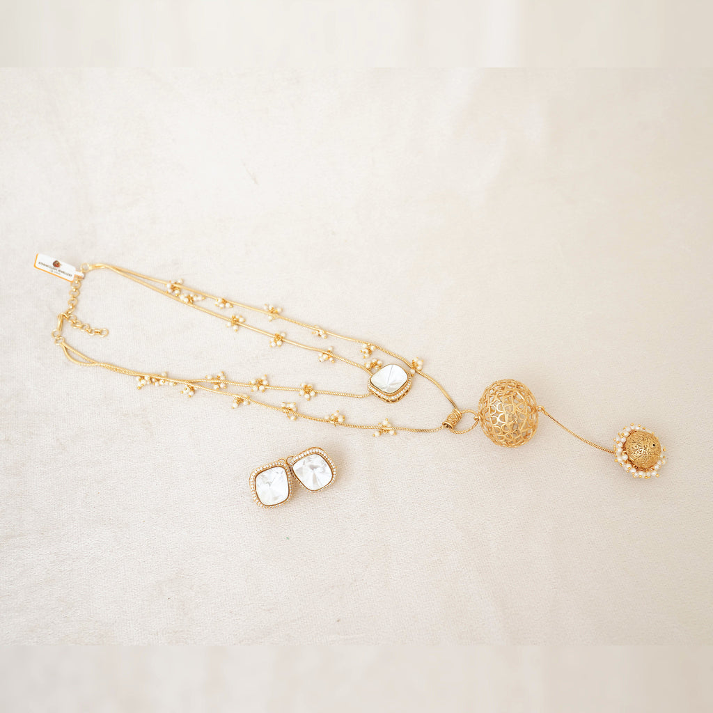 Kundan Layered Necklace Set with Filigree Ball Drop