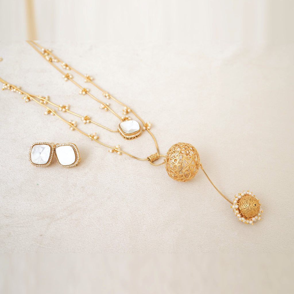 Kundan Layered Necklace Set with Filigree Ball Drop