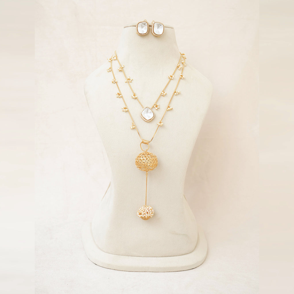 Kundan Layered Necklace Set with Filigree Ball Drop