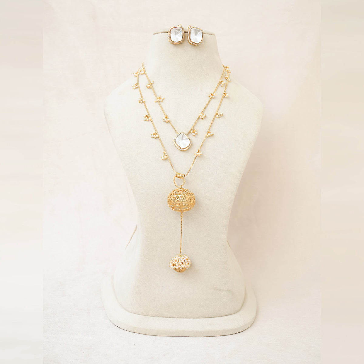 Kundan Layered Necklace Set with Filigree Ball Drop