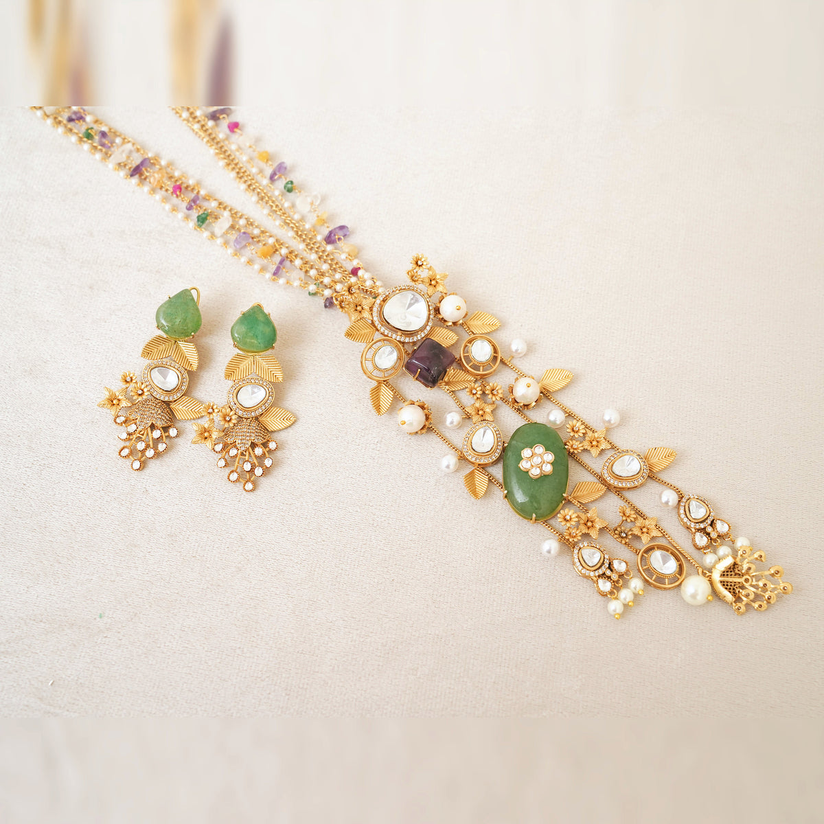 Kundan Multi-Gemstone Cascade Long Necklace Set