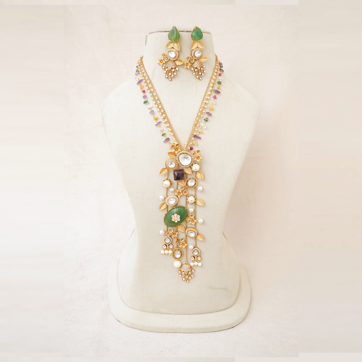 Kundan Multi-Gemstone Cascade Long Necklace Set